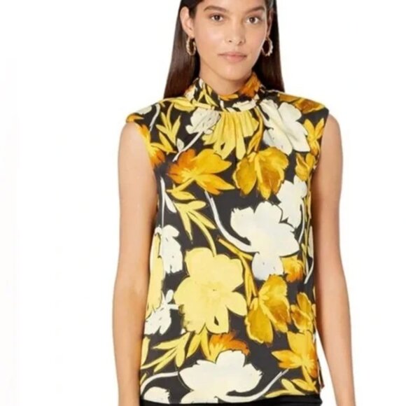 MILLY Riley Paper Peony Print Mock Neck Sleeveless Top, Yellow/Black, L - Picture 1 of 10